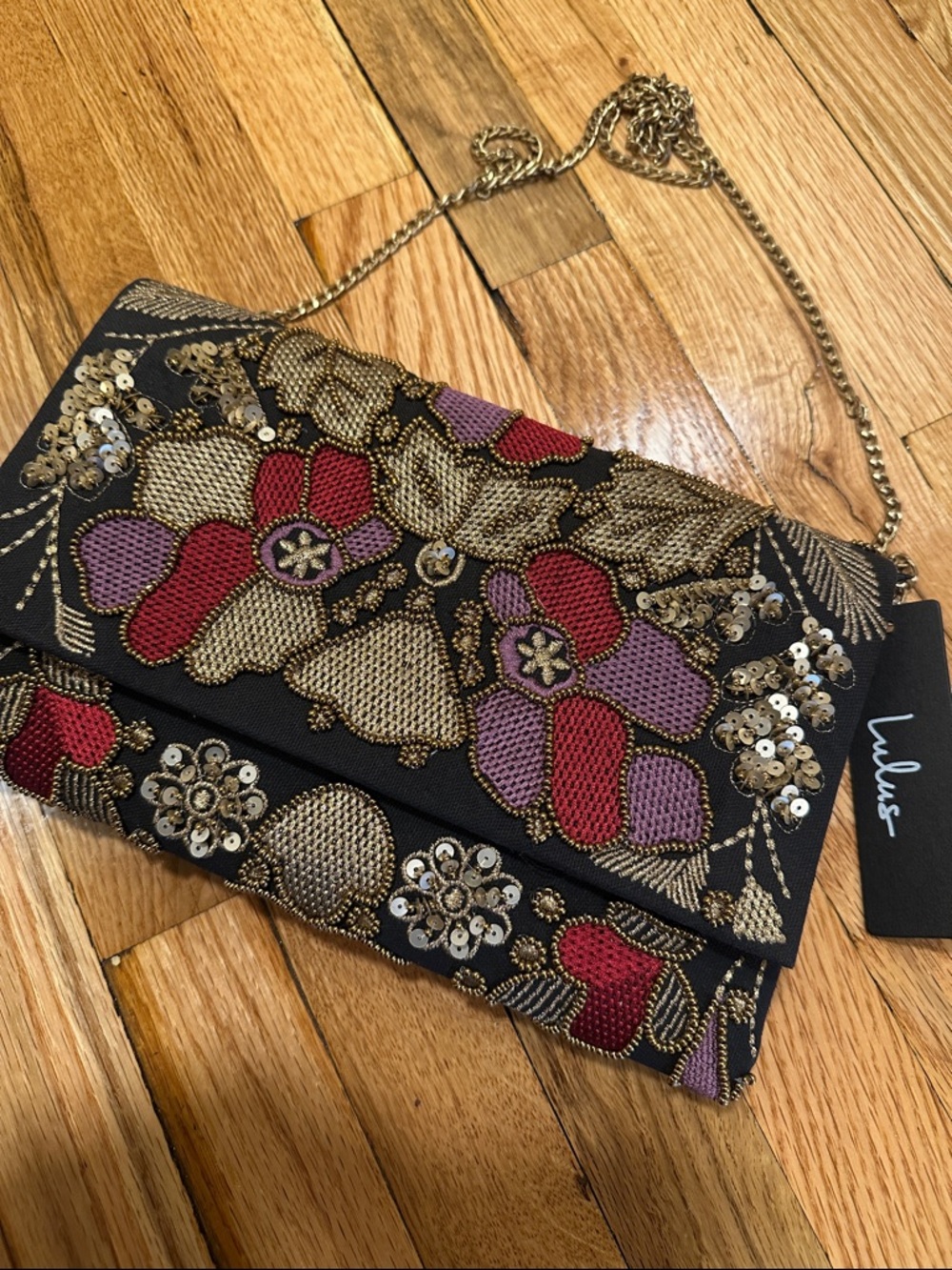 Lulu's Black Beaded Floral Embroidered Chain Clutch with Red & Purple Accents